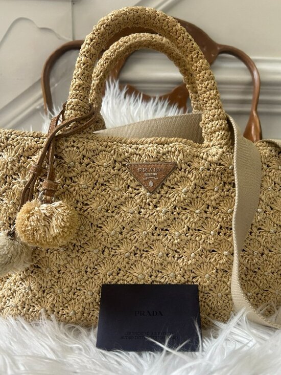 Prada Handbags - Prada Pom Pom Raffia Convertible Tote with Original Strap